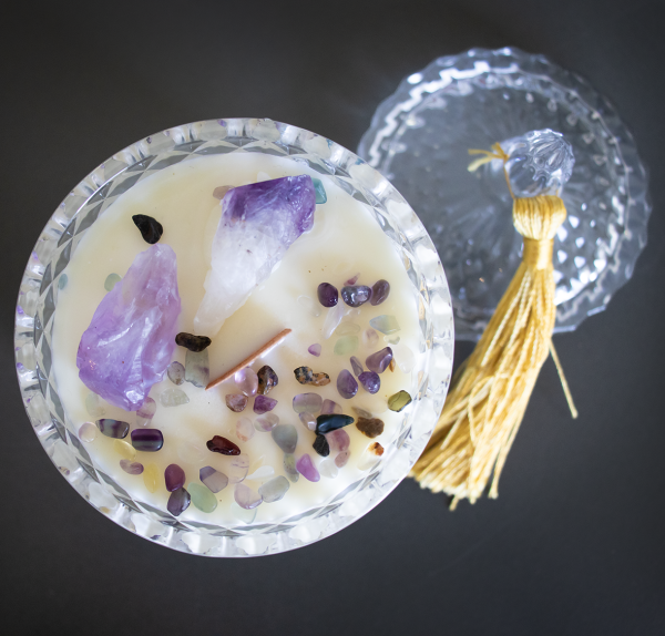 Top of a Boujee Lux candle with crystals